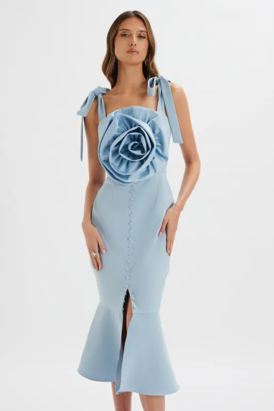 AUGUST Flower Detail Tie Strap Micro Button Midi Dress in Cornflower Blue sold by Lavish Alice