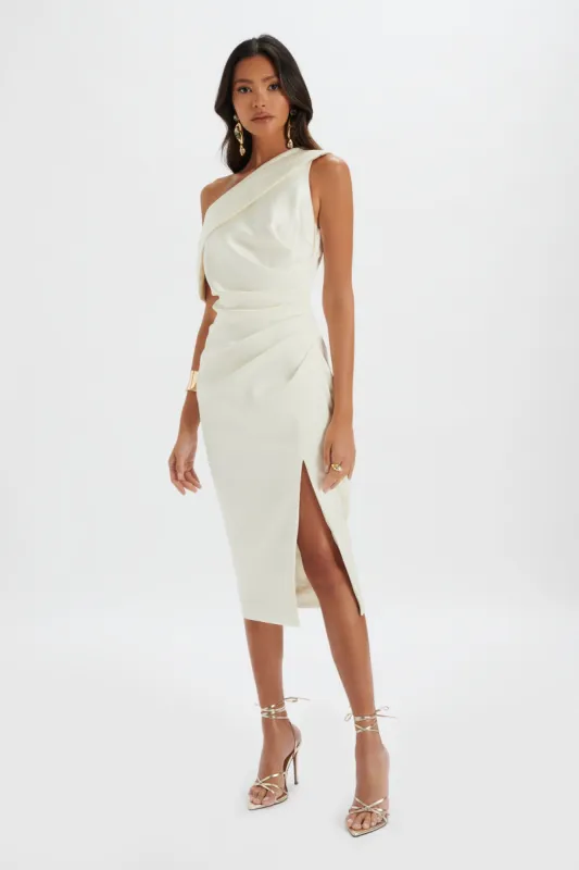 AUTUMN Pleated One Shoulder Bonded Satin Midi Dress In Ivory sold by Lavish Alice
