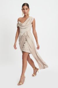 ELENA Asymmetric Long Drape Satin Mini Dress In Champagne sold by Lavish Alice