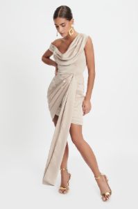 ELENA Asymmetric Long Drape Satin Mini Dress In Champagne sold by Lavish Alice