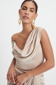 ELENA Asymmetric Long Drape Satin Mini Dress In Champagne sold by Lavish Alice