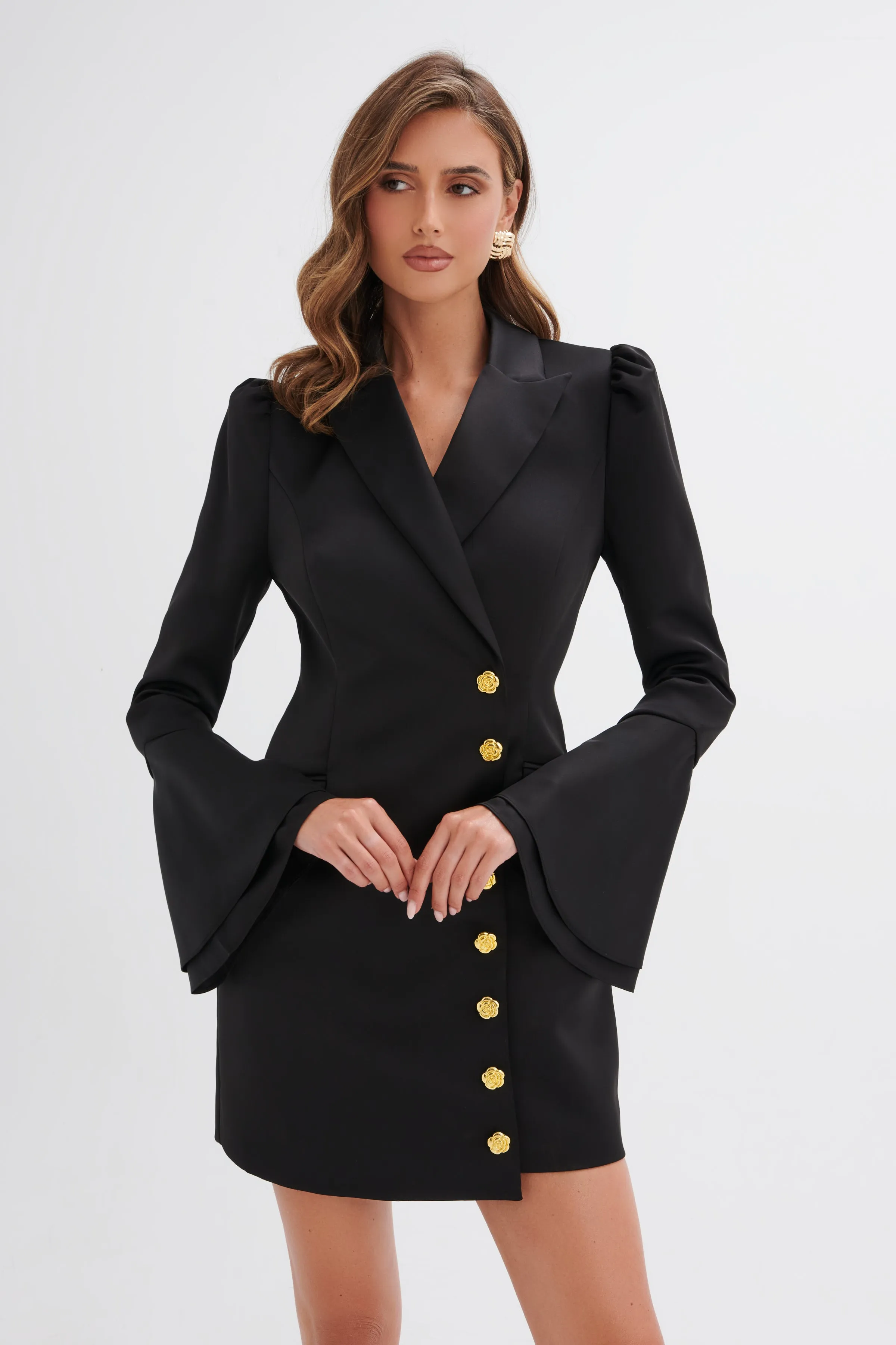 ARABELLA Flared Sleeve Gold Rose Button Mini Blazer Dress in Black sold by Lavish Alice product image thumbnail 2
