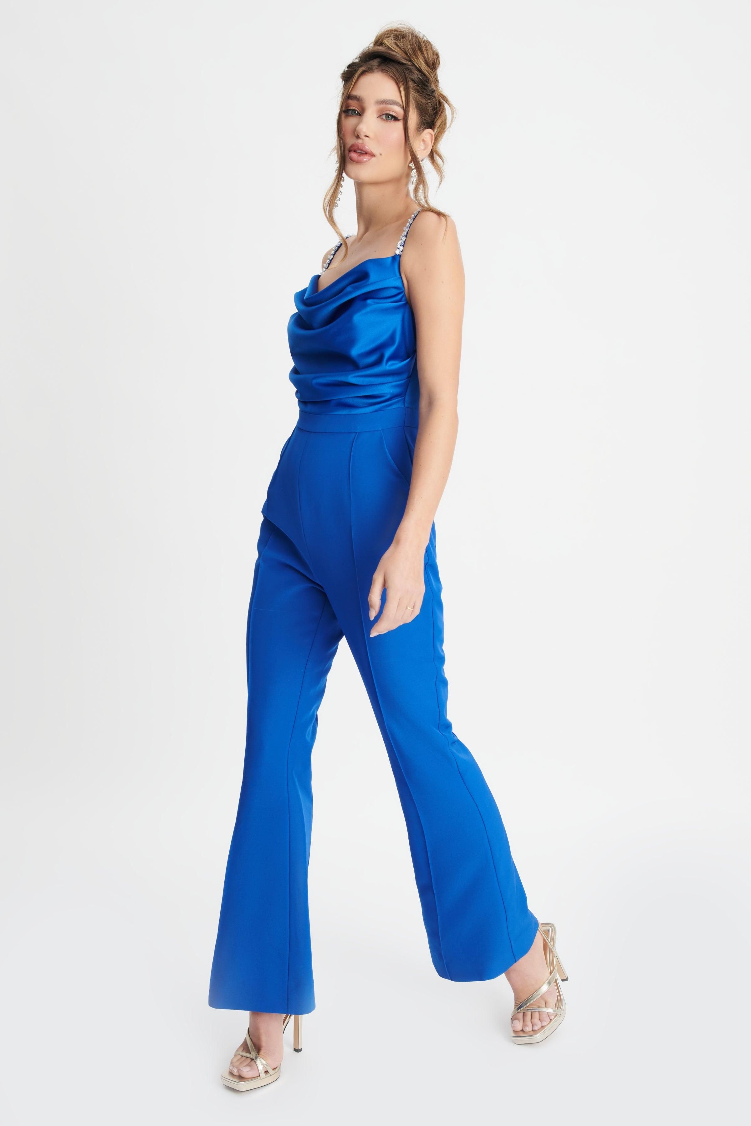 ANNABELLE Diamante Strap Cowl Neck Satin Jumpsuit In Cobalt Blue sold by Lavish Alice product image thumbnail 2