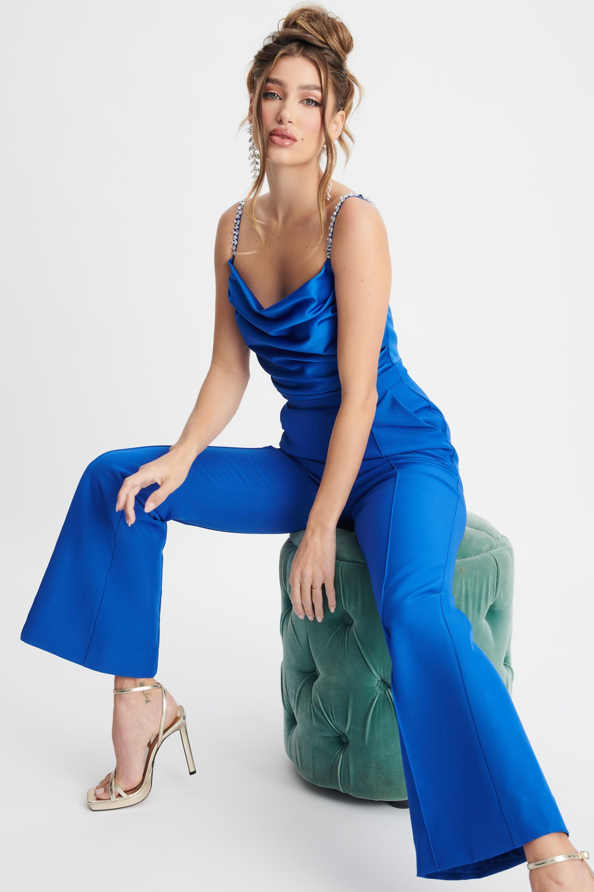 ANNABELLE Diamante Strap Cowl Neck Satin Jumpsuit In Cobalt Blue sold by Lavish Alice product image thumbnail 4