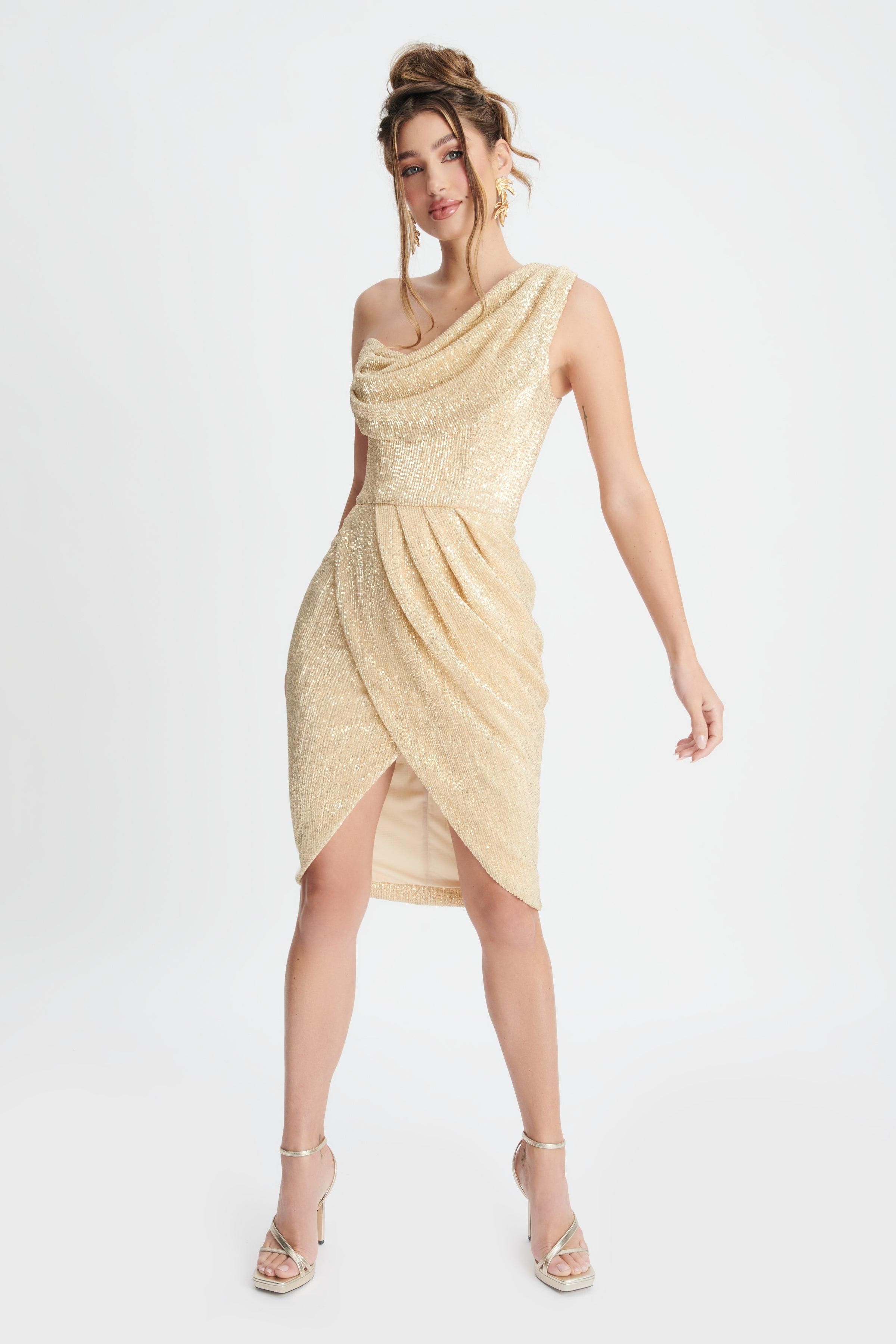 STELLA One Shoulder Pleated Sequin Cowl Midi Dress In Bronze sold by Lavish Alice product image thumbnail 4