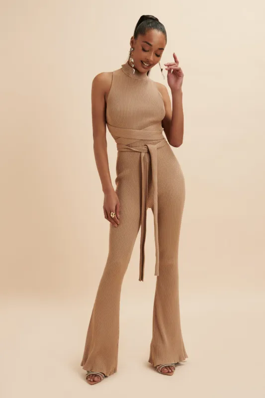TAMARA Knitted Ribbed Open Back Jumpsuit In Camel sold by Lavish Alice