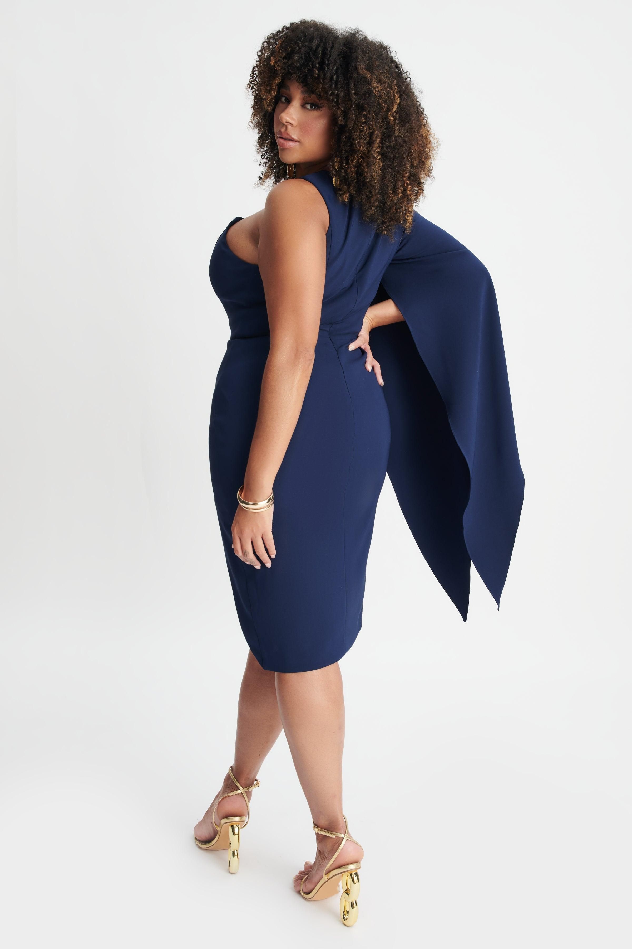 GIANNA Curve One Shoulder Cape Midi Dress In Navy sold by Lavish Alice product image thumbnail 6