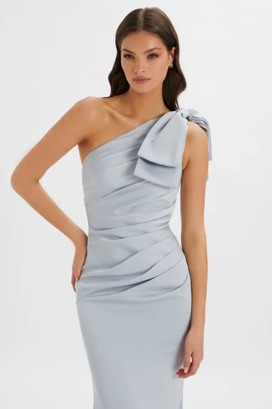 EMELIA One Shoulder Bow Pleated Maxi Dress in Dusty Blue sold by Lavish Alice