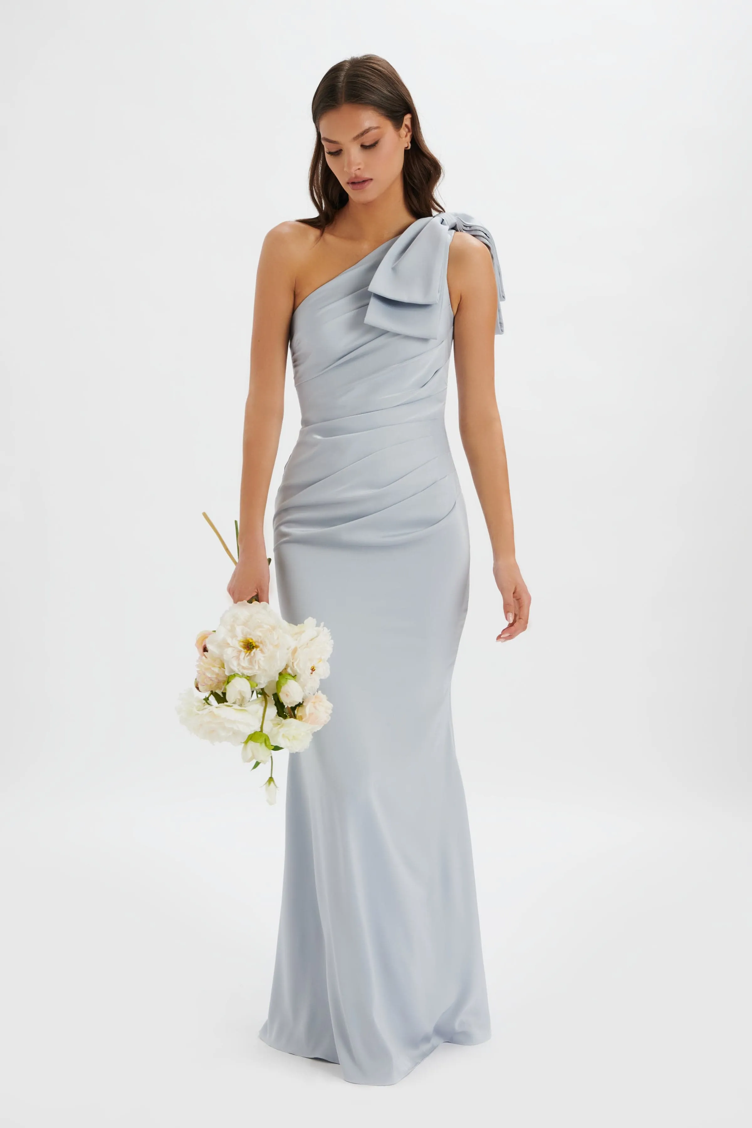 EMELIA One Shoulder Bow Pleated Maxi Dress in Dusty Blue sold by Lavish Alice product image thumbnail 2