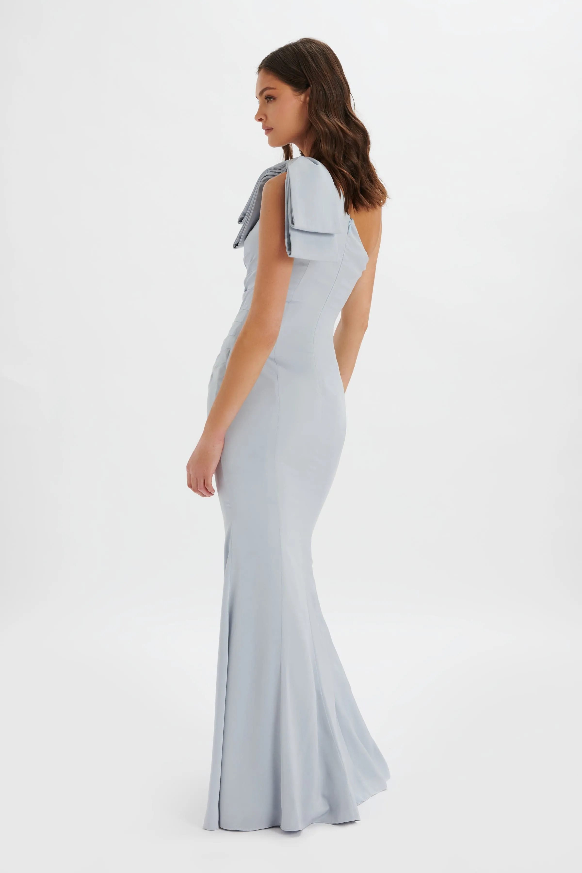 EMELIA One Shoulder Bow Pleated Maxi Dress in Dusty Blue sold by Lavish Alice product image thumbnail 4
