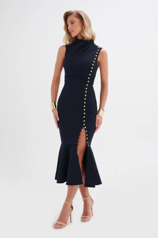 SAFFRON High Neck Rose Button Midi Dress in Navy sold by Lavish Alice
