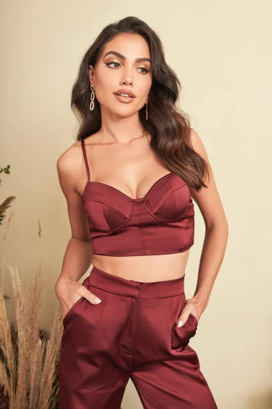 IRIS Bonded Satin Stitch Detail Bralette in Burgundy sold by Lavish Alice