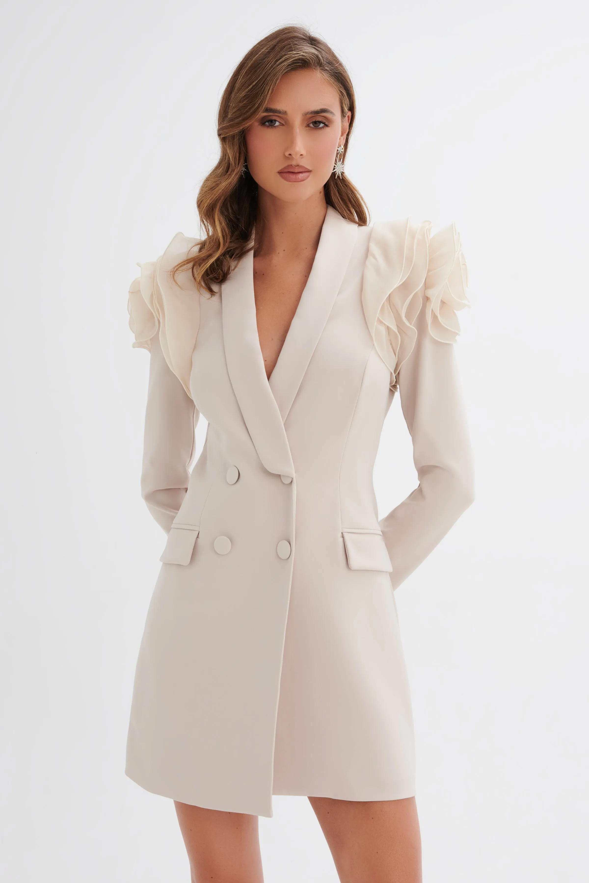 RIA Organza Rose Sleeve Blazer Dress in Champagne sold by Lavish Alice