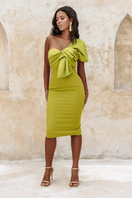 ELSIE Twist Front One Shoulder in Olive Green sold by Lavish Alice