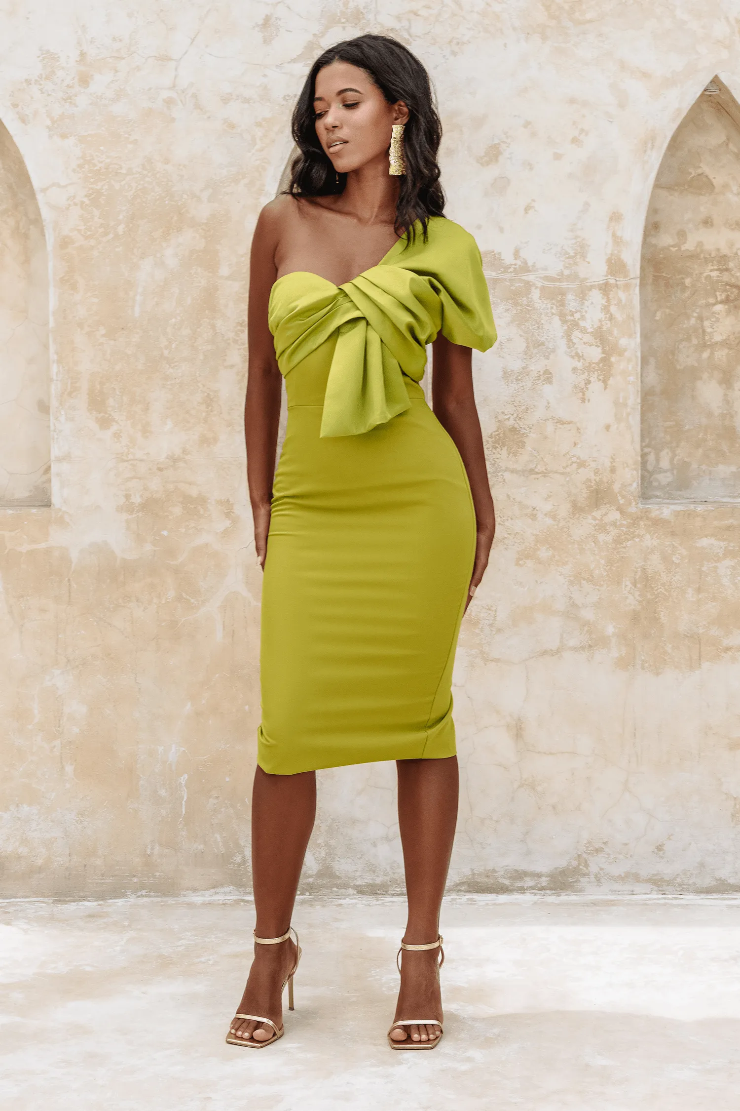 ELSIE Twist Front One Shoulder in Olive Green sold by Lavish Alice
