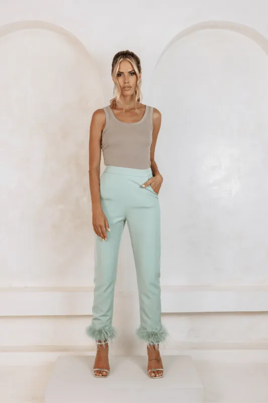 LILY Feather Trim Trousers In Sage Green sold by Lavish Alice