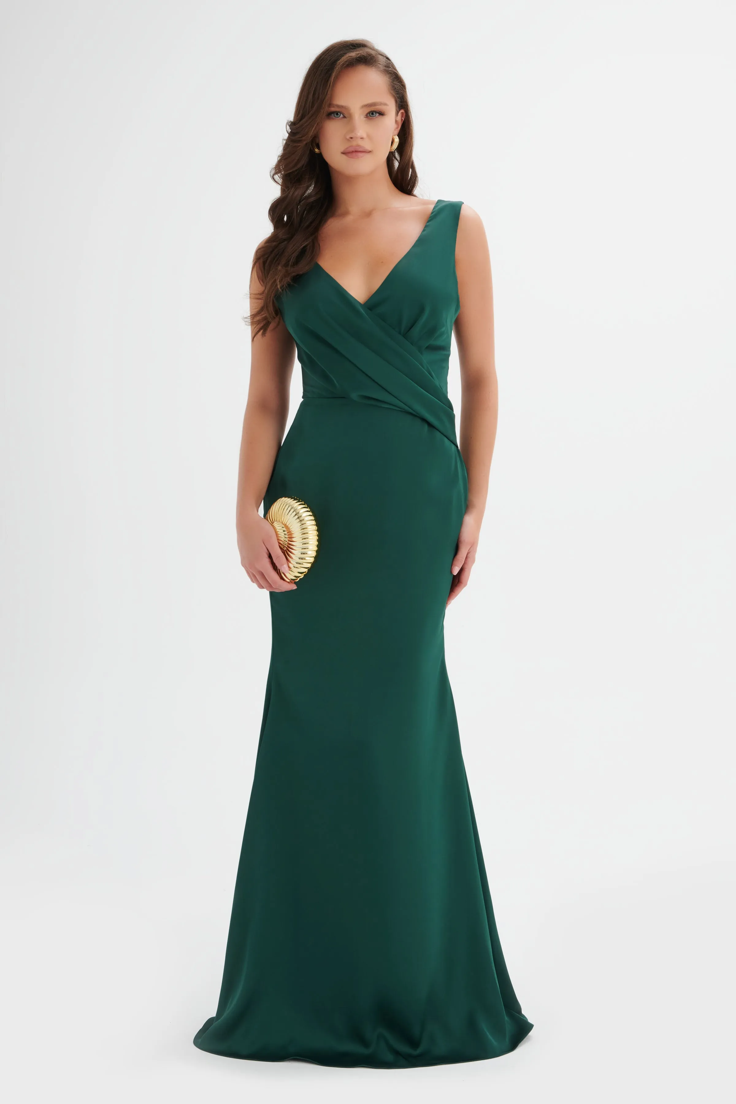 ELLE Draped Wrap Satin Maxi Dress in Emerald Green sold by Lavish Alice
