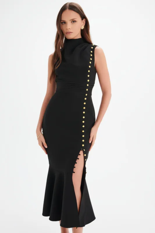 SAFFRON High Neck Rose Button Midi Dress in Black sold by Lavish Alice
