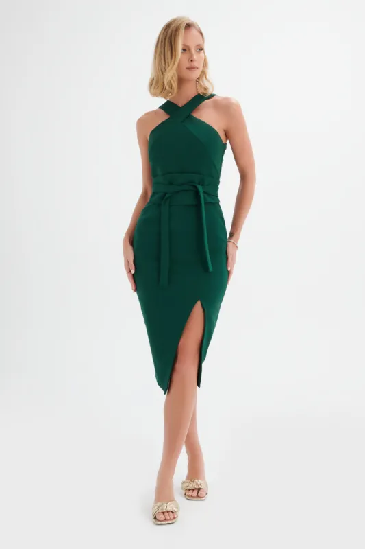 BRIELLE Bonded Satin Obi Belted Halterneck Midi Dress in Emerald Green sold by Lavish Alice