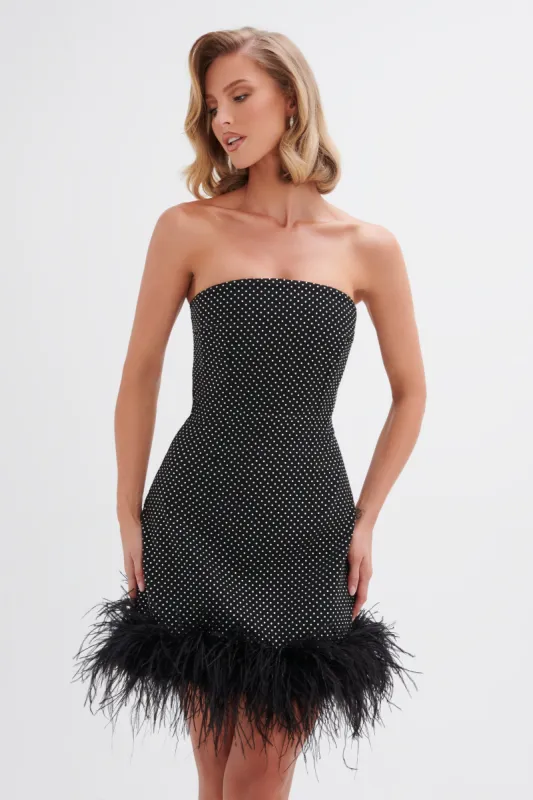 CHLOE Crystal Embellished Feather Hem Mini Dress in Black sold by Lavish Alice