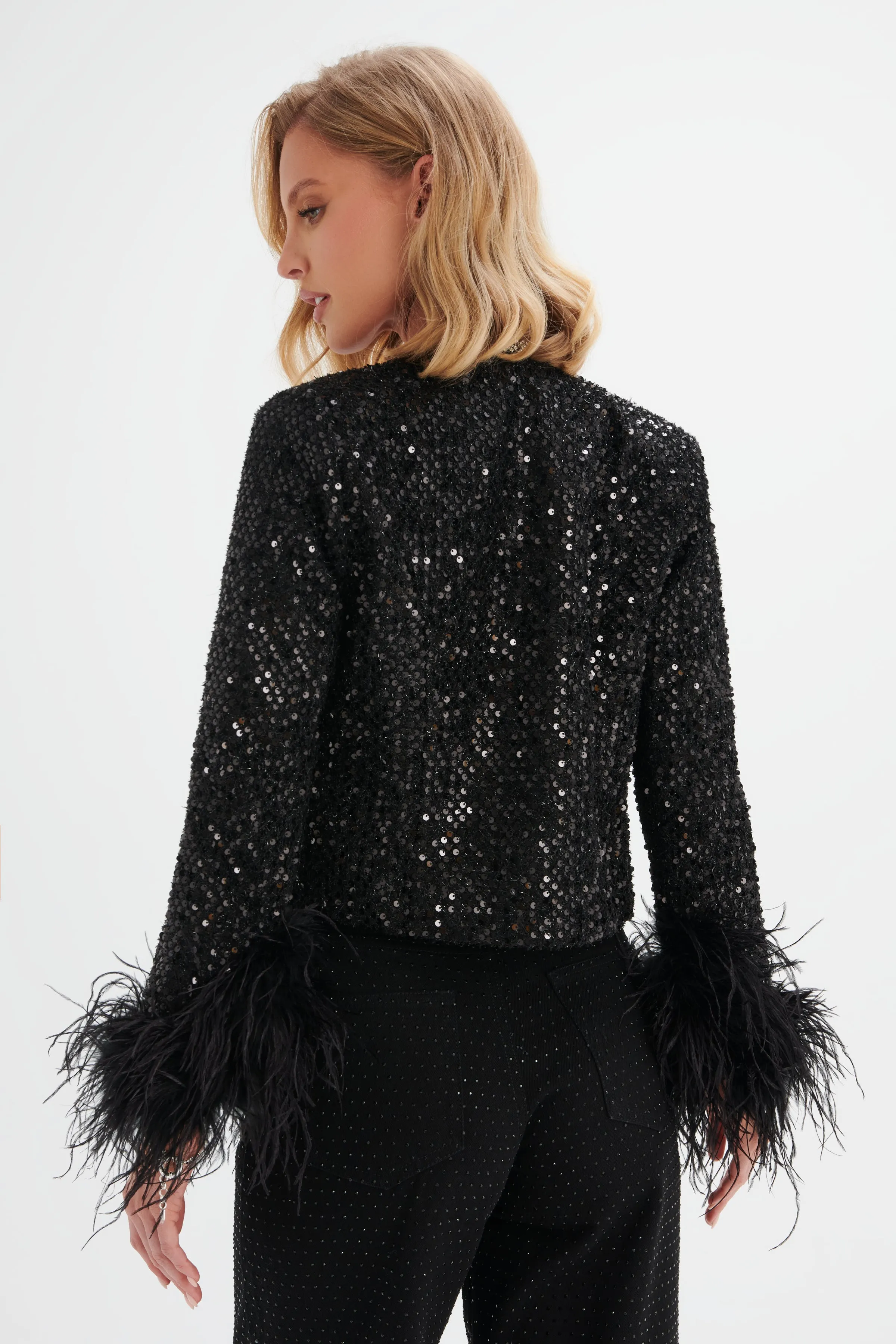 LOLA Sequin Boucle Jacket with Feather Cuffs in Black sold by Lavish Alice product image thumbnail 3