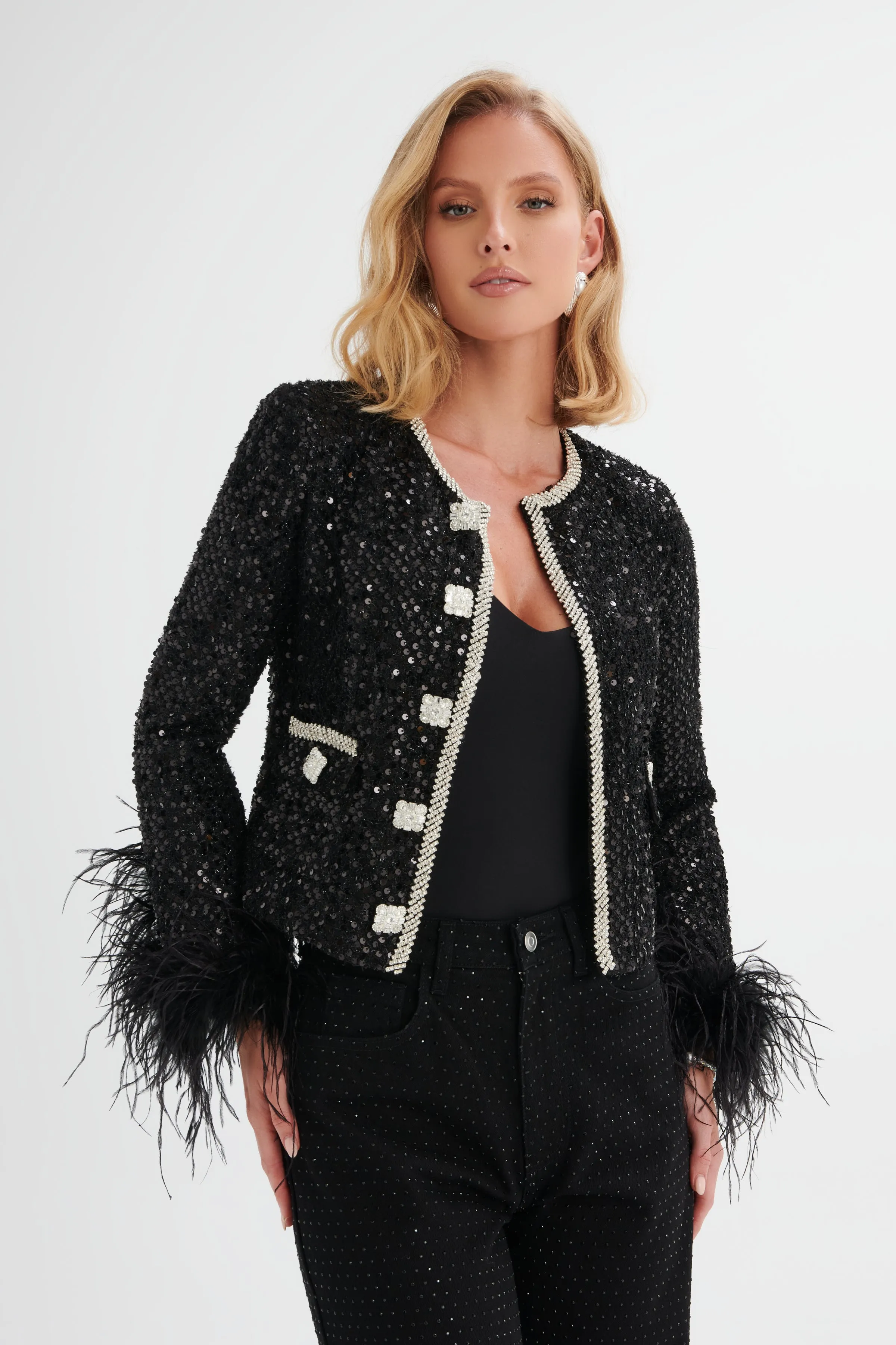LOLA Sequin Boucle Jacket with Feather Cuffs in Black sold by Lavish Alice product image thumbnail 4