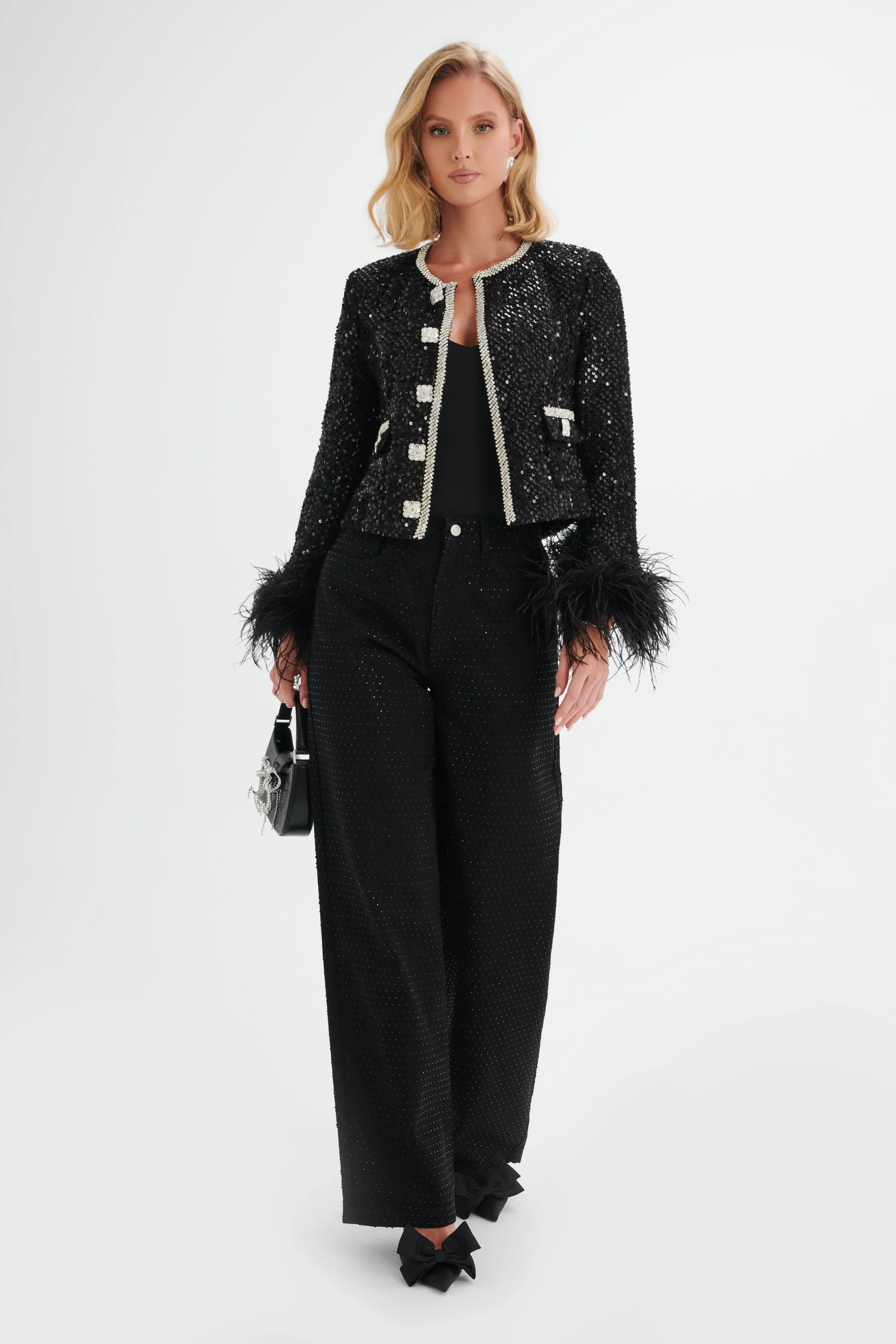 LOLA Sequin Boucle Jacket with Feather Cuffs in Black sold by Lavish Alice product image thumbnail 5