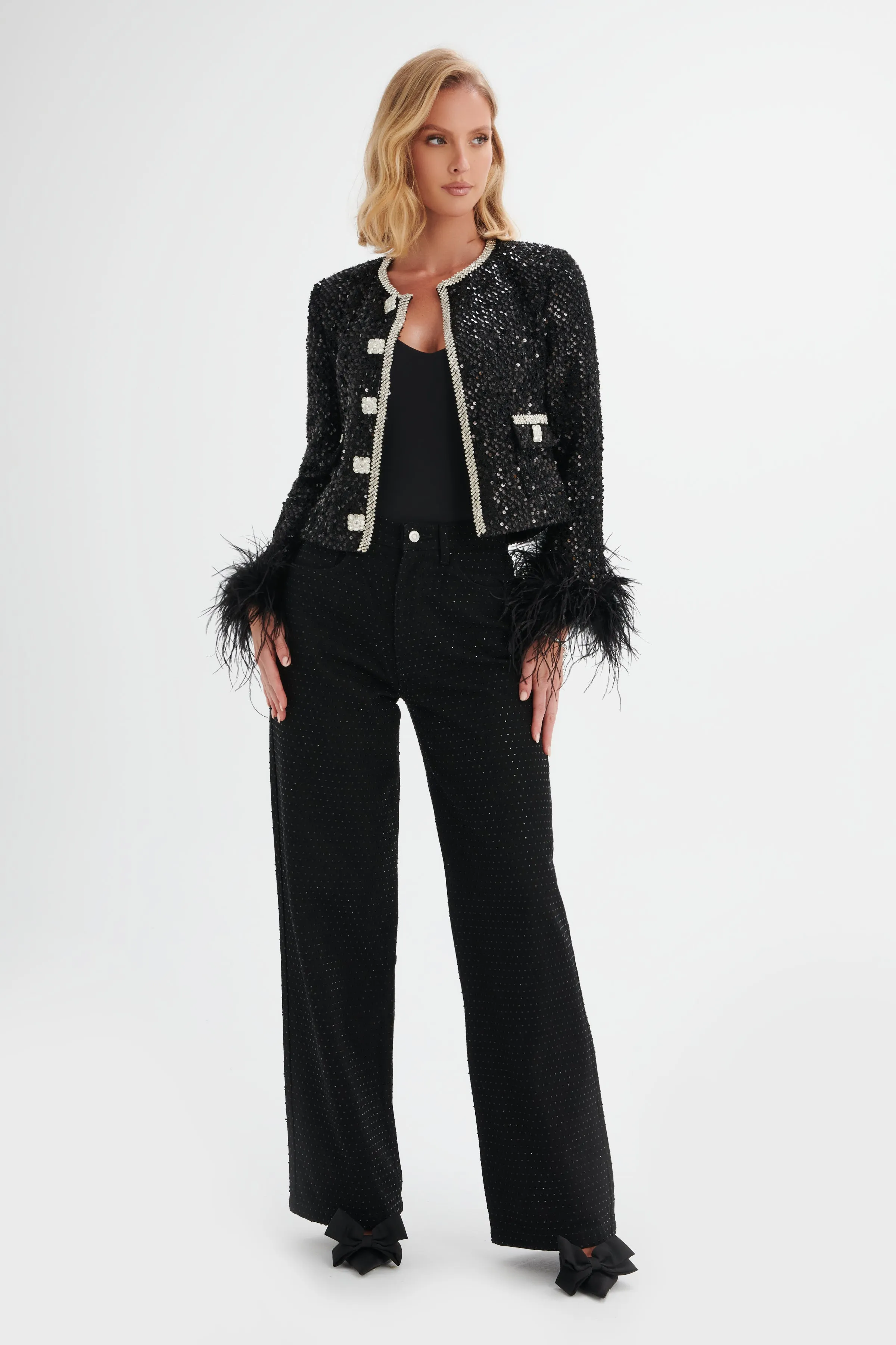 LOLA Sequin Boucle Jacket with Feather Cuffs in Black sold by Lavish Alice product image thumbnail 2