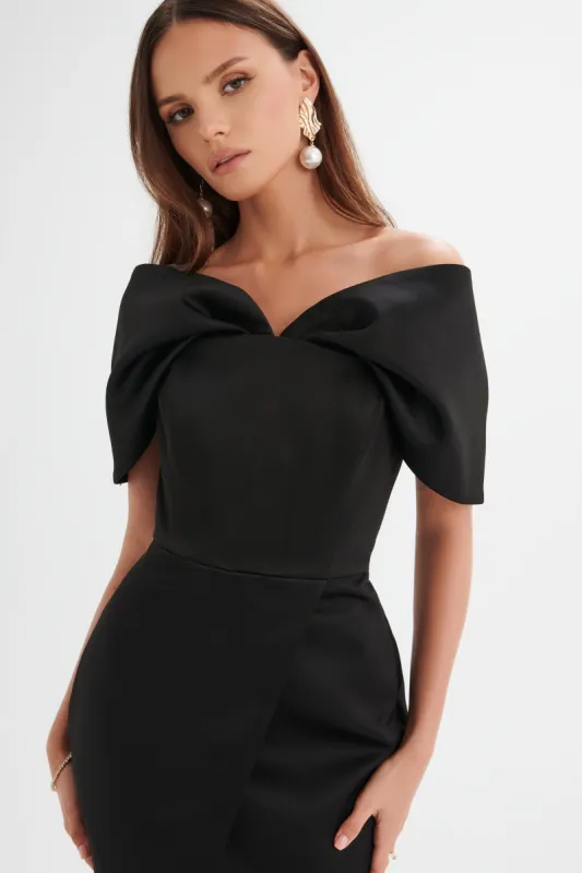 HARLEEN Draped Bardot Bonded Satin Midi Dress In Black sold by Lavish Alice