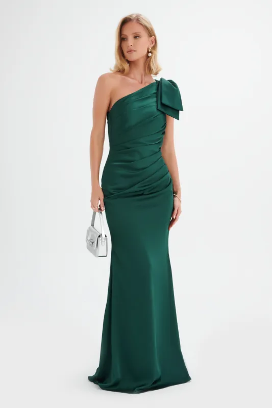EMELIA One Shoulder Bow Pleated Maxi Dress in Emerald Green sold by Lavish Alice