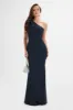 ALESSANDRA Satin Bow Shoulder Maxi Dress in Midnight Blue sold by Lavish Alice