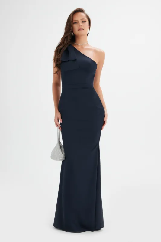 ALESSANDRA Satin Bow Shoulder Maxi Dress in Midnight Blue sold by Lavish Alice