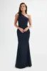 ALESSANDRA Satin Bow Shoulder Maxi Dress in Midnight Blue sold by Lavish Alice