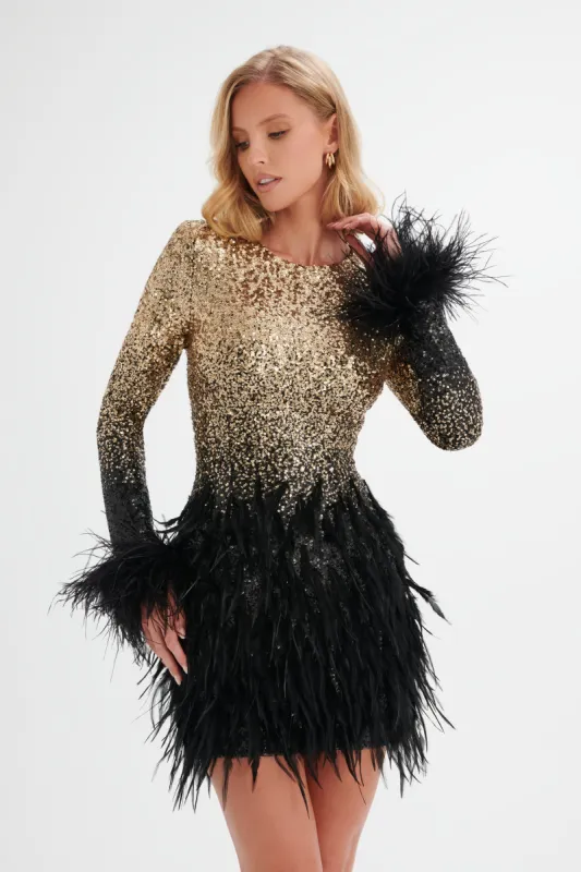 BRIANNA Embellished Feather Mini Dress In Gold and Black Ombre sold by Lavish Alice