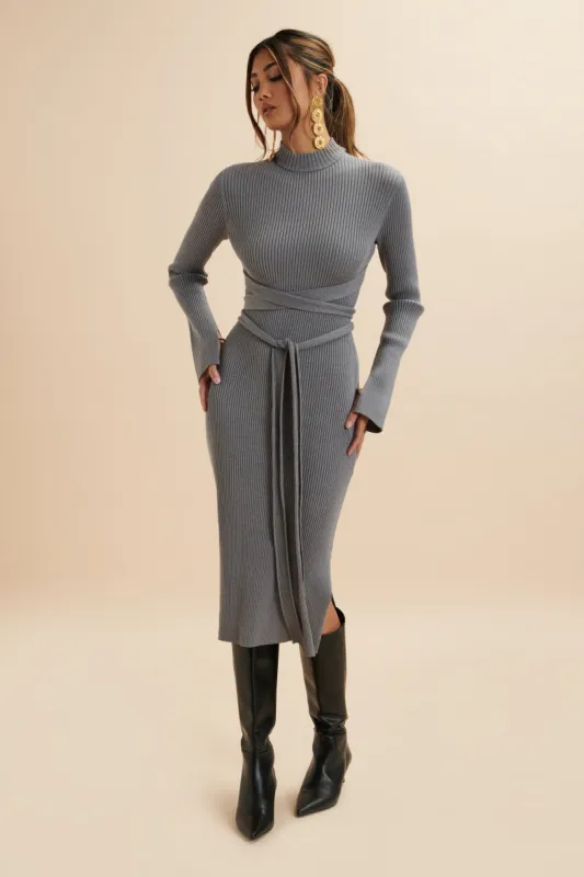 ROMI Knitted Ribbed Open Back Sleeved Midi Dress In Grey sold by Lavish Alice