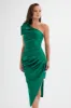 HOLLY Bonded Satin Bow Shoulder Wrap Midi Dress in Emerald Green sold by Lavish Alice