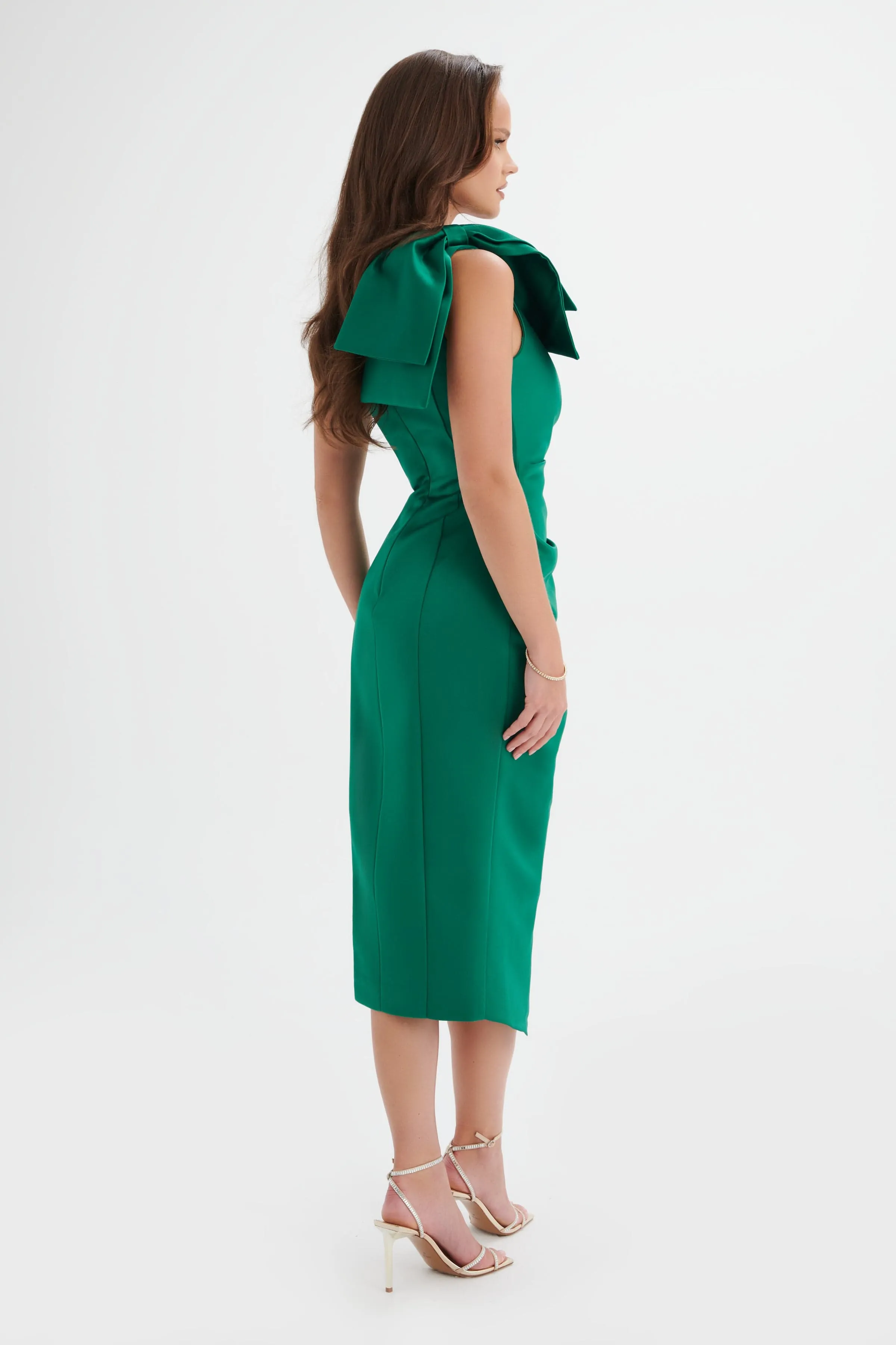 HOLLY Bonded Satin Bow Shoulder Wrap Midi Dress in Emerald Green sold by Lavish Alice product image thumbnail 2