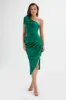 HOLLY Bonded Satin Bow Shoulder Wrap Midi Dress in Emerald Green sold by Lavish Alice