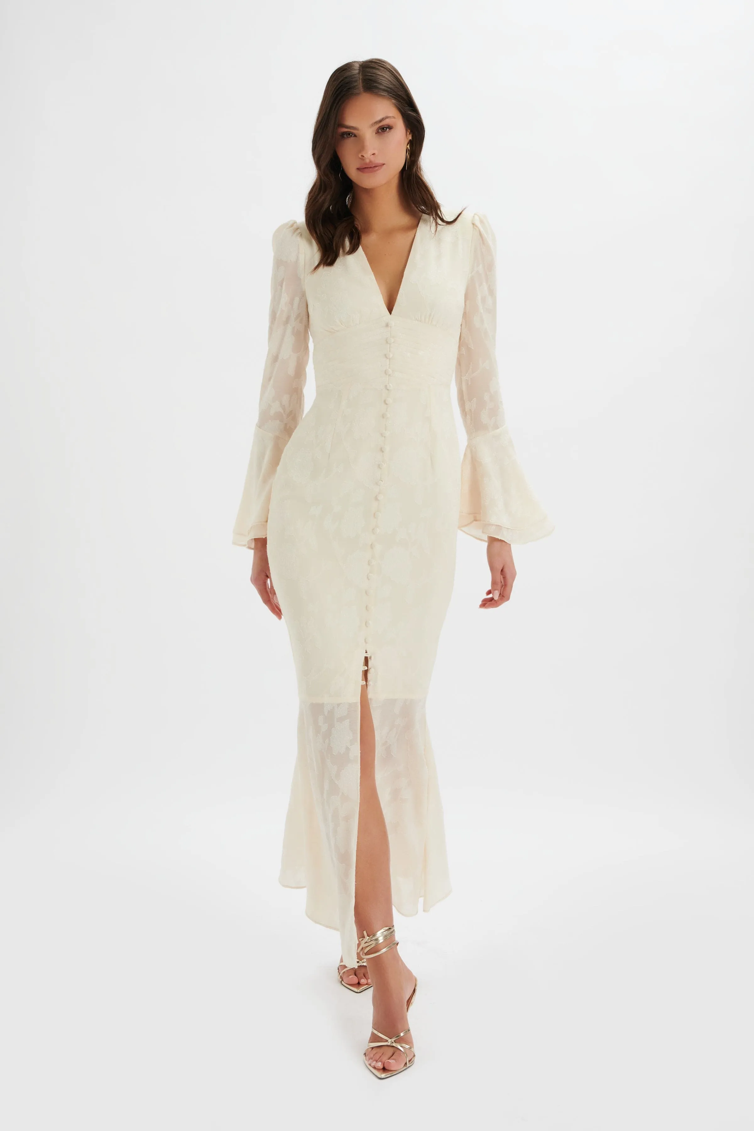 white christmas dresses Rent Lavish Alice Beige Floral One Shoulder Midi Dress main image 1