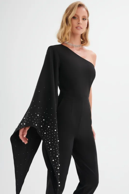 KADY Ombre Embellished One Shoulder Jumpsuit in Black made by Lavish Alice