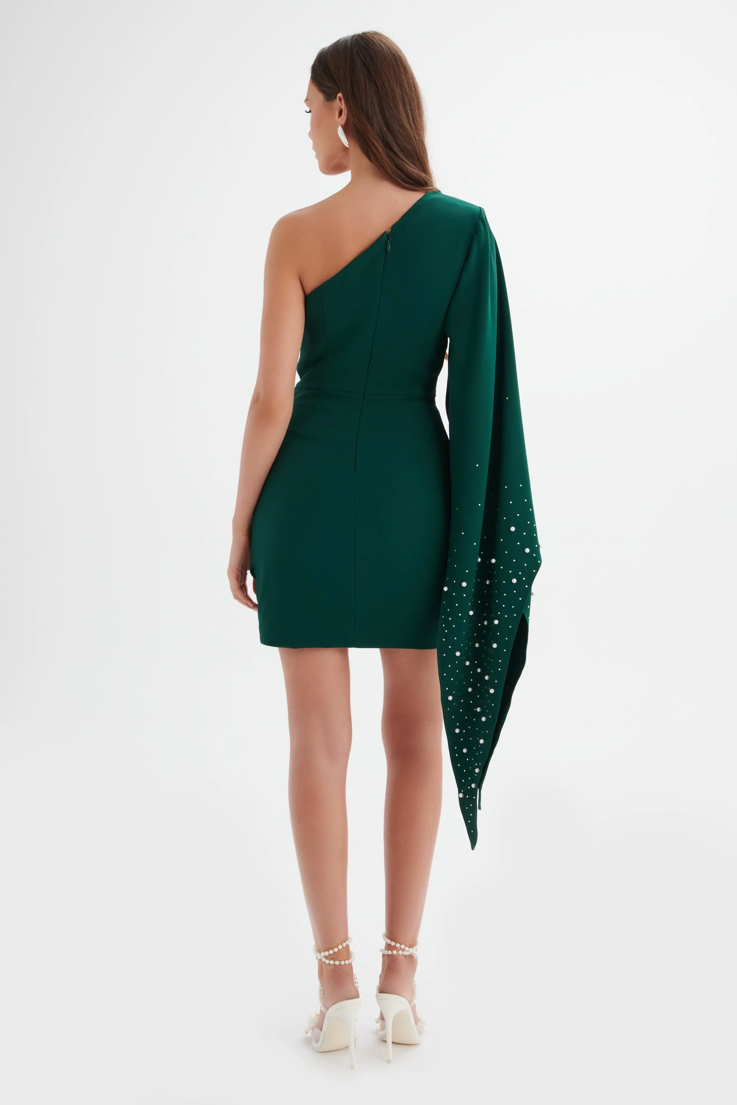 REMI One Shoulder Embellished Cape Mini Dress in Emerald Green sold by Lavish Alice product image thumbnail 3