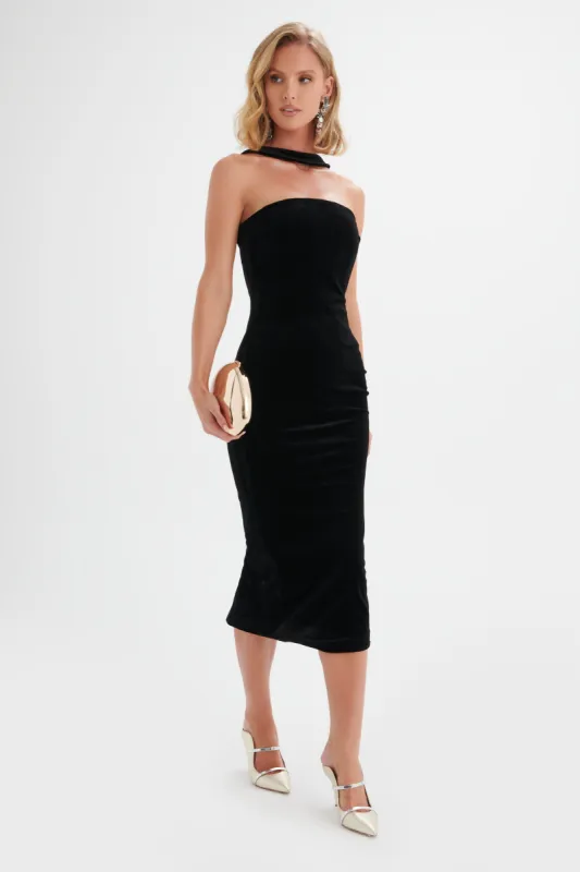 AMBER High Neck Bandeau Velvet Midi Dress in Black sold by Lavish Alice