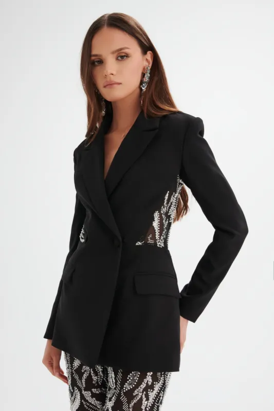 LEXY Embellished Mesh Back Blazer in Black sold by Lavish Alice