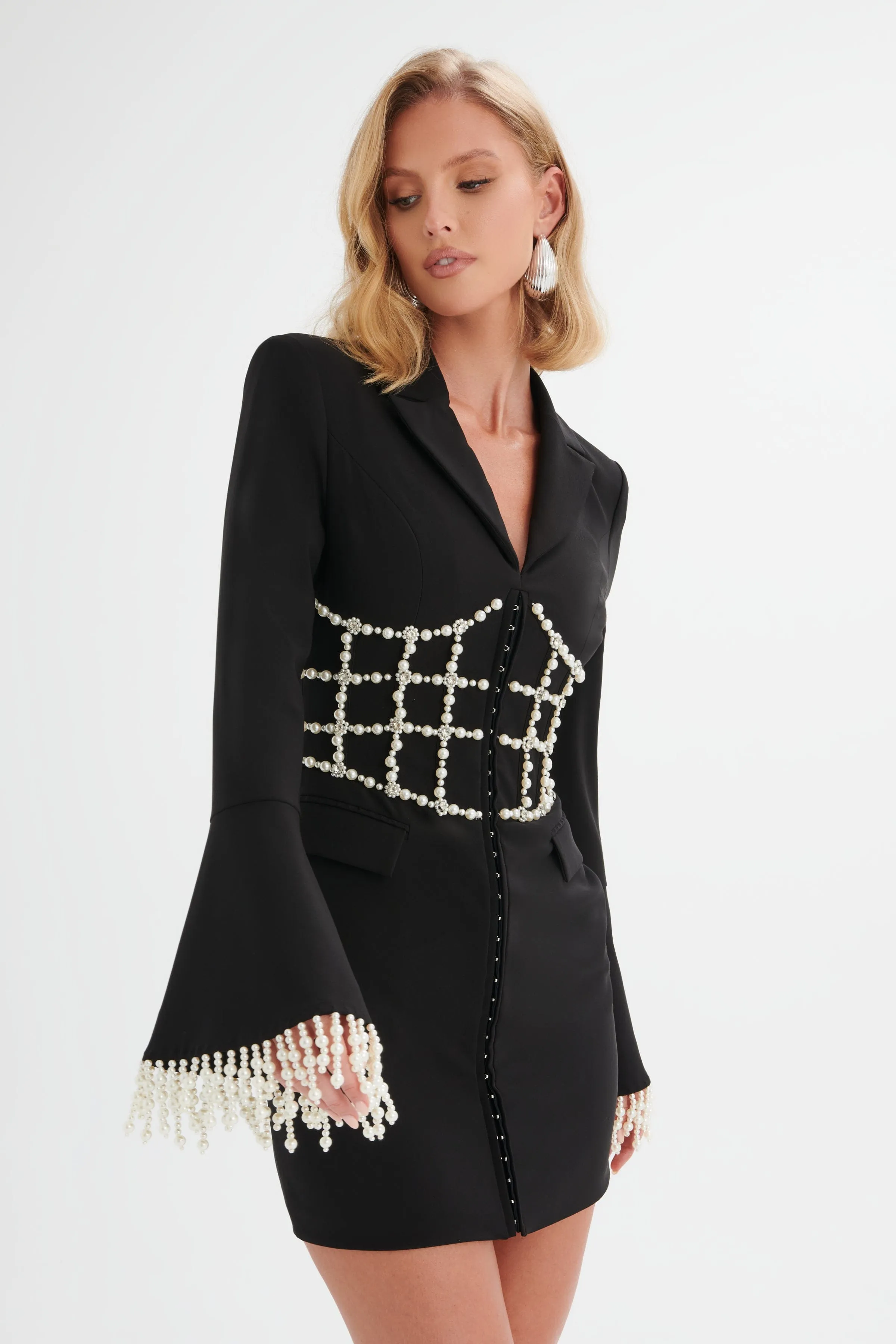 CLARA Pearl Embellished Mini Blazer Dress in Black sold by Lavish Alice