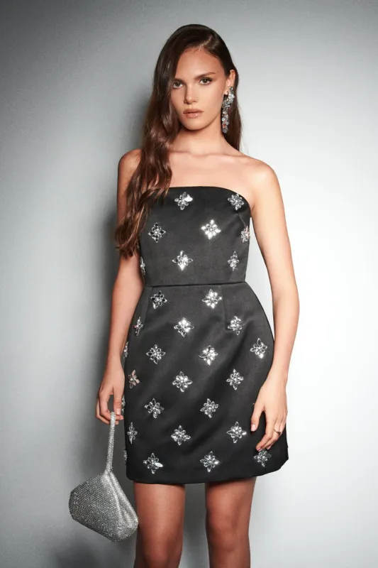ANNABELLE Embellished Satin Mini Dress in Black sold by Lavish Alice