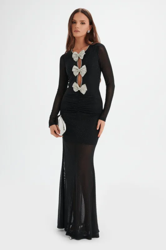 VERITY Rhinestone Embellished Mesh Maxi Dress in Black sold by Lavish Alice