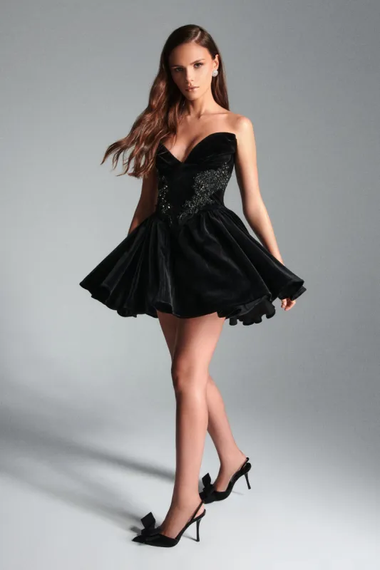 SELENA Jewelled Applique Velvet Mini Dress in Black made by Lavish Alice