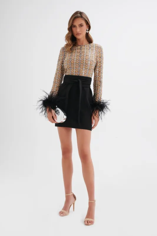 MEDINA Embellished Feather Cuff Mini Dress In Black made by Lavish Alice