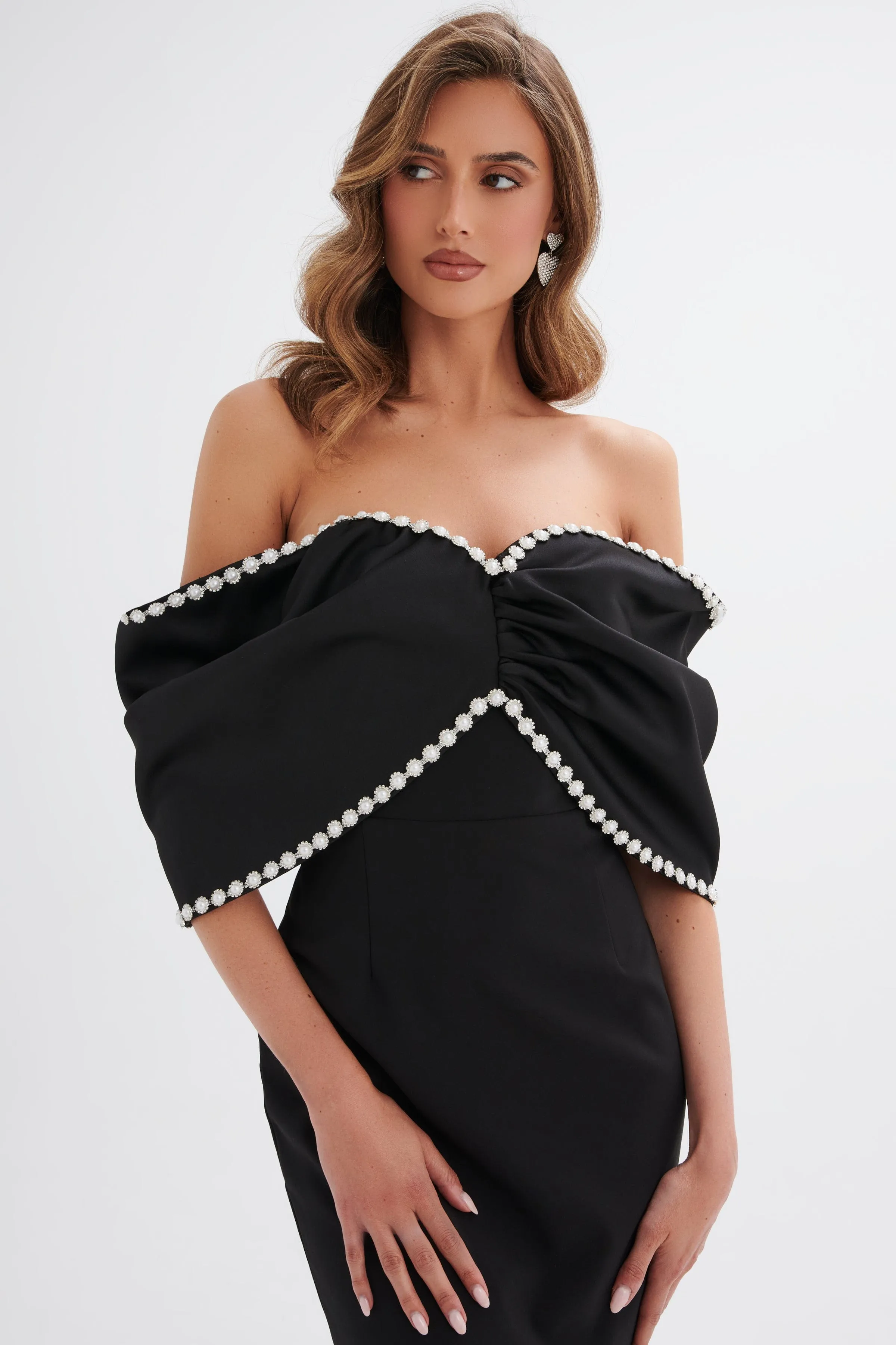 ROXANNA Bardot Embellished Volume Sleeve Mini Dress in Black sold by Lavish Alice product image thumbnail 4