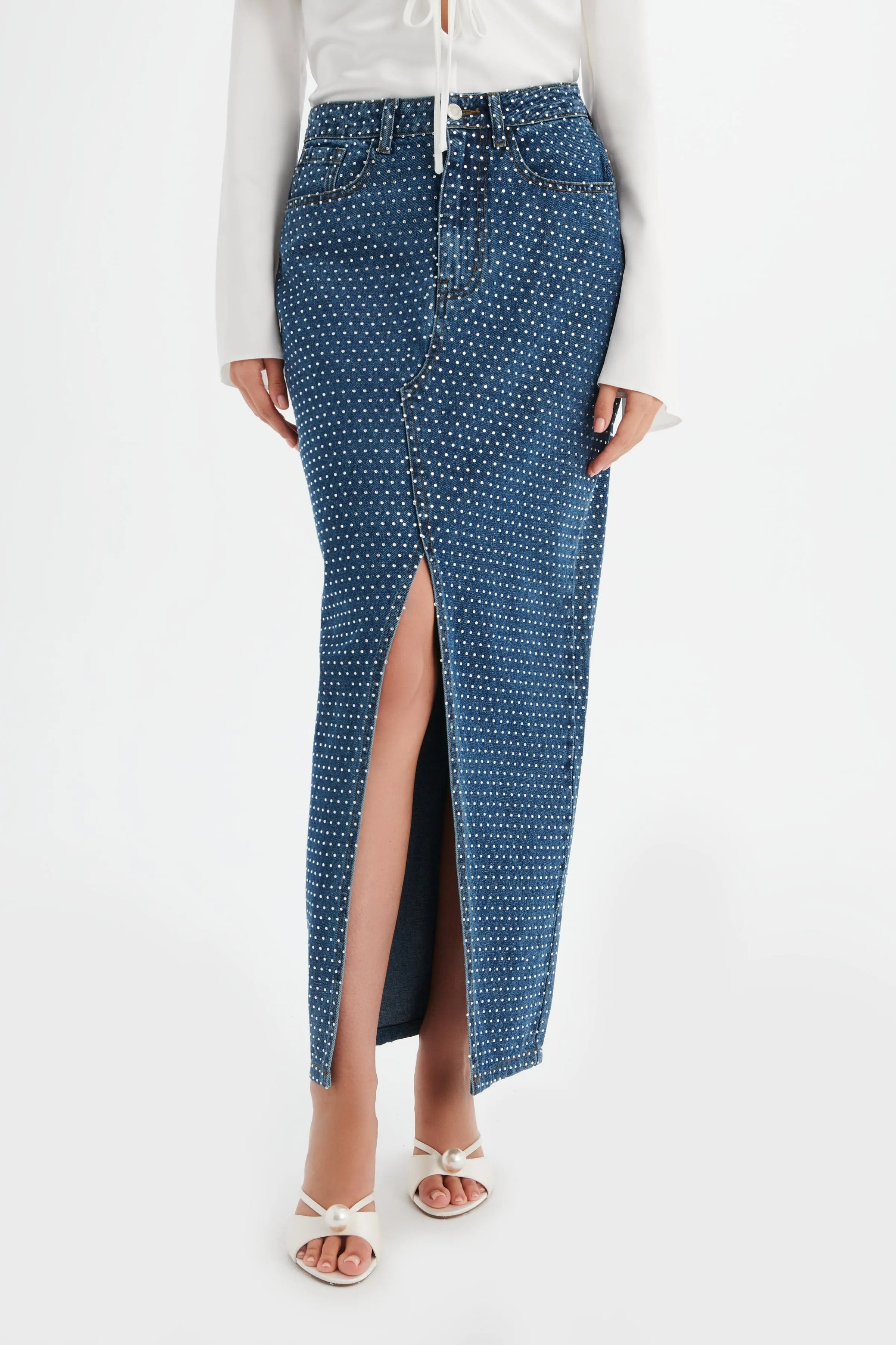 HARPER Crystal Embellished Denim Maxi Skirt in Dark Blue sold by Lavish Alice product image thumbnail 2